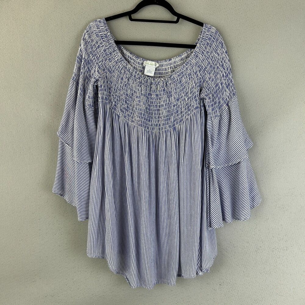 Paradiso Womens XL Blue White Stripe Smocked Off Shoulder Tiered Bell Sleeve